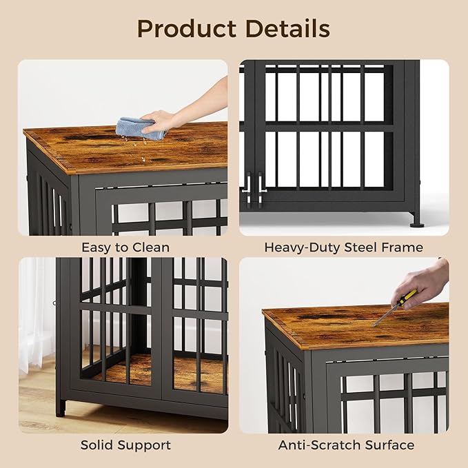 32 Inch Heavy Duty Wooden Dog Kennel End Table with Double Door Design and Secure Locks, Indoor Pet Crate Furniture for Medium Dogs, Decorative Home Cage Design,Aged Black-PawvioPets