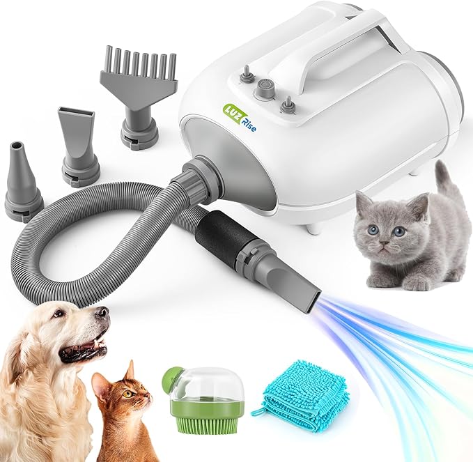 Dog Dryer for Pet Grooming Professional, 6HP/3500W High Velocity Blow Dryer for Dogs, Dual Motor Pet Dryer, Adjustable Temperature 95-125℉ & Airflow 0-90 M/S, 2.5-7.5 FT Hose with 4 Nozzles-PawvioPets