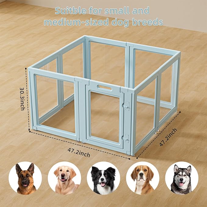 DIY Clear Acrylic Dog Playpen House,Quick Easy Assembly and Disassembly,Strong Floor Suction,Indoor and Outdoor Use,Easy Cleansing Puppy Fence (Sky Blue, 30.3" H, 8PCS)-PawvioPets