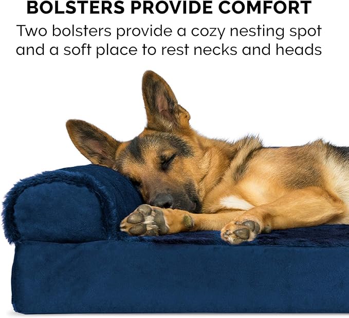 Furhaven Cooling Gel Dog Bed for Large Dogs w/ Removable Bolsters & Washable Cover, For Dogs Up to 125 lbs - Plush & Velvet L Shaped Chaise - Deep Sapphire, Jumbo Plus/XXL-PawvioPets
