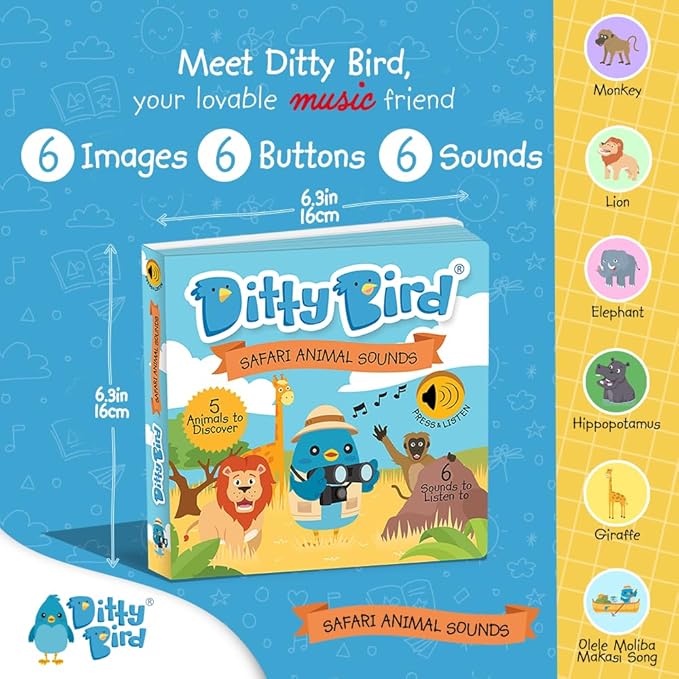 Ditty Bird Safari Book for Toddlers | Realistic Animal Sound Book | Interactive Safari Board Books for Toddlers 1-3 | Sensory, Musical Books for Animal Lovers | Sturdy Nursery Rhyme Toys for Baby-PawvioPets