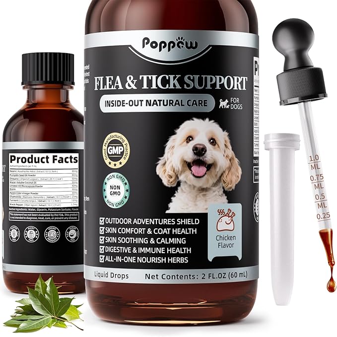 Dog Flea and Tick Support, Natural Herbal Flea & Tick Comfort for Dogs, Flea Liquid Drops Supplement for Dogs with Neem, Oregano, Pumpkin Seed Oil - Chicken Flavor, 2 FL.Oz - All Breeds & Sizes-PawvioPets