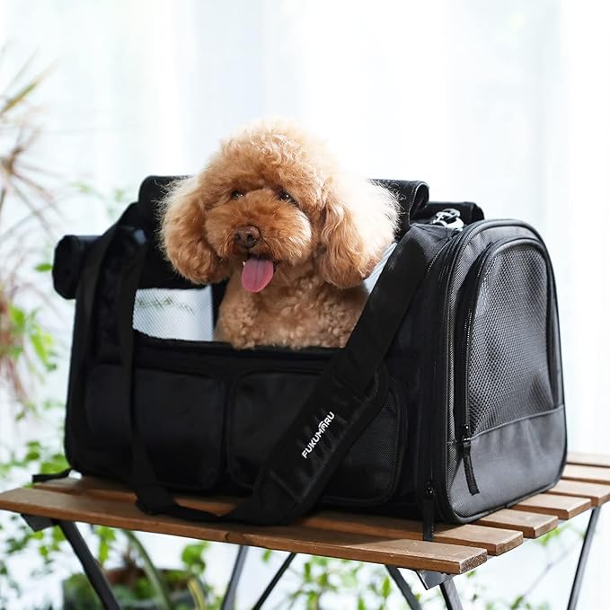 FUKUMARU Cat Carrier, 4 Mesh Windows Small Dog Carrier, 4 Storage Pockets Cat Travel Bag, Under 15 lb Airline Approved Pet Carrier, Rollable Cover for Nervous Cats, Black-PawvioPets