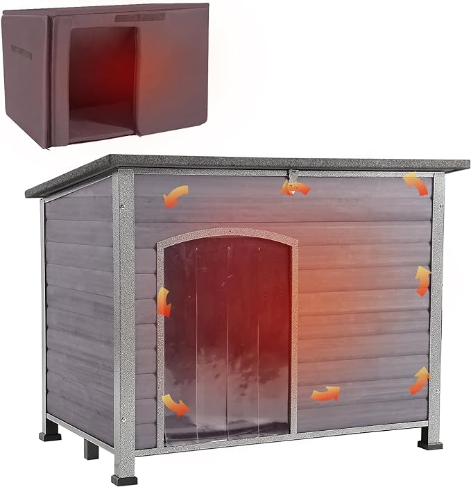 Aivituvin Dog House with Insulated Liner, Outdoor Indoor Weatherproof Dog House for Winter, Suitable for Small & Medium & Large Dogs with Unique All-Around Iron Frame(Grey)-PawvioPets