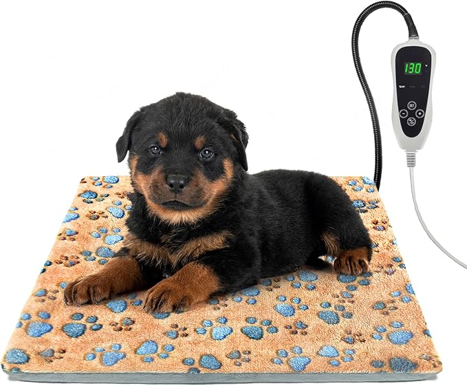 Cat Heating Pad，18×18 In Dog Heated Bed Smart Temperature Control Switch, Metal Protective Pipe Waterproof PVC Cat Beds For Indoor Cats With a Plush Cotton Cover，Heat Lamp For Puppies - Apricot-PawvioPets