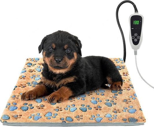 Cat Heating Pad，18×18 In Dog Heated Bed Smart Temperature Control Switch, Metal Protective Pipe Waterproof PVC Cat Beds For Indoor Cats With a Plush Cotton Cover，Heat Lamp For Puppies - Apricot-PawvioPets