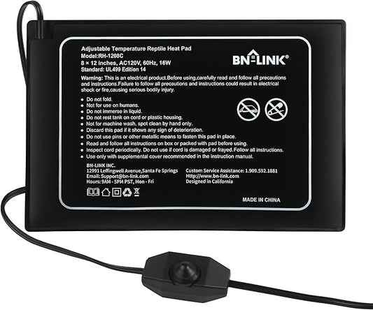 BN-LINK Reptile Heating Pad 8" X 12" with Adjust Knob, Adjustable Temperature Electric Indoor Under Tank Terrarium Heating Mat Waterproof for Turtles, Lizards, Frogs, and Other Reptiles-PawvioPets