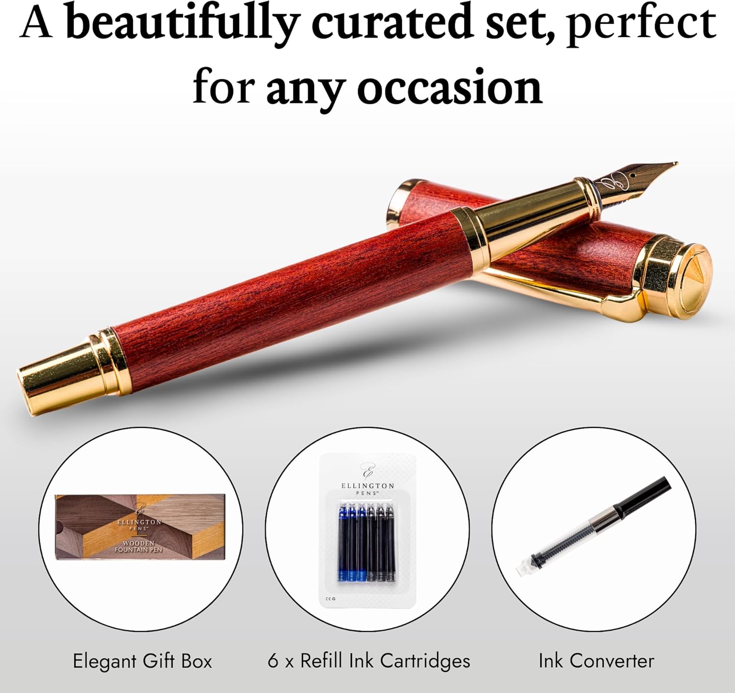 Ellington Pens Elegant Wood Fountain Pen Set – Includes Wooden Pen Box, Ink Converter, 6 Ink Cartridges, and Gift Box – Writing, Calligraphy