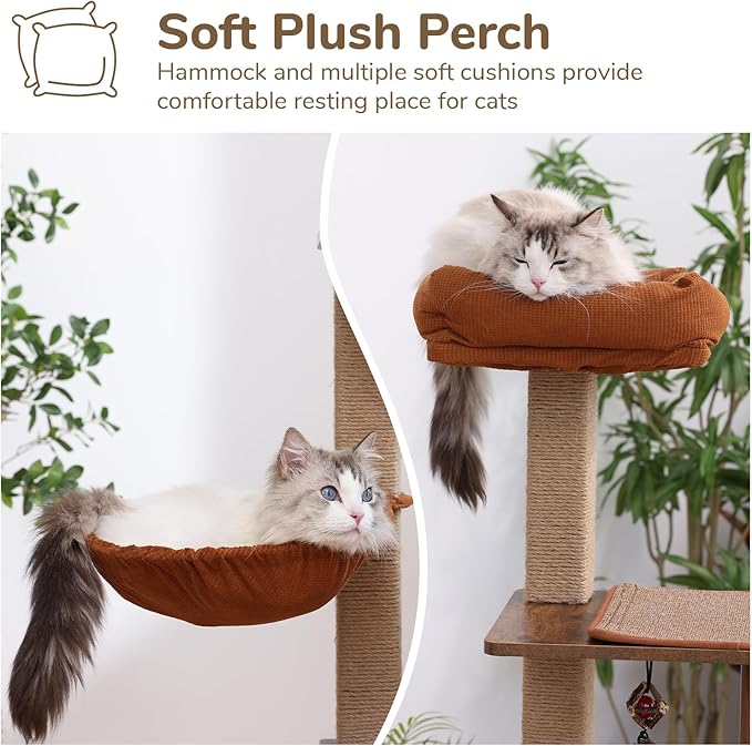 FUKUMARU Cat Tree, 4 in 1 Large Modern Cats Tower with Jute Scratching Post and Hammock, Wood Cat Condo with silvervine Balls, Brown Cat Climber Stand Playhouse for Indoor Cats, Retro Style-PawvioPets