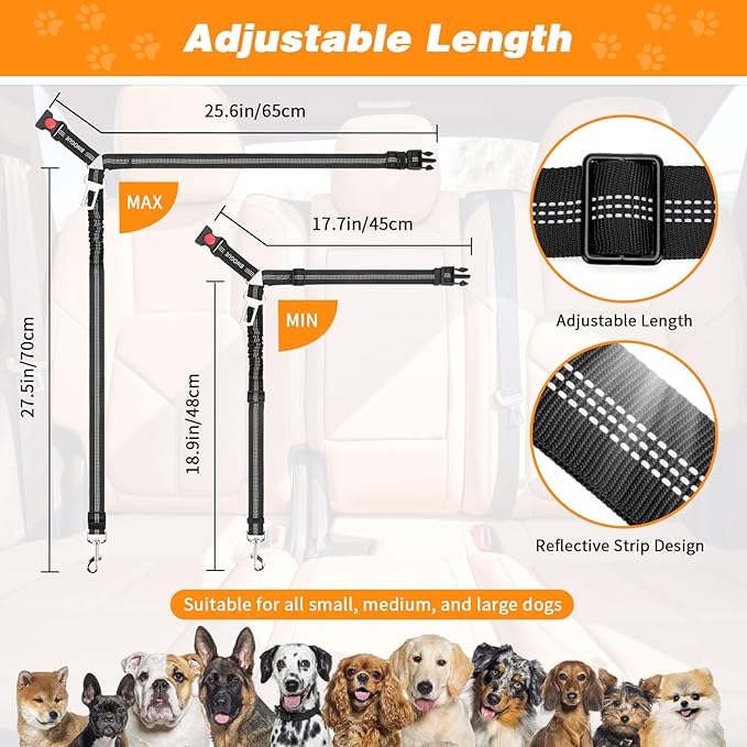 BWOGUE Pet Dog Cat Seat Belt Reflective Car Dog Headrest Restraint Leash Elastic Buffer Bungee Adjustable Tangle-Free Safety Leads Vehicle Seatbelt Harness for Small, Medium and Large Dogs (1 Pack)-PawvioPets