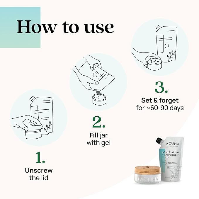 Azuna Air Freshener & Odor Eliminator for Strong Odor | 1 Room Kit Includes (1) Empty Luxe Glass Jar & 8oz Refill with Tea Tree Essential Oil Gel | Amalfi Breeze | Last 60-90 Days-PawvioPets