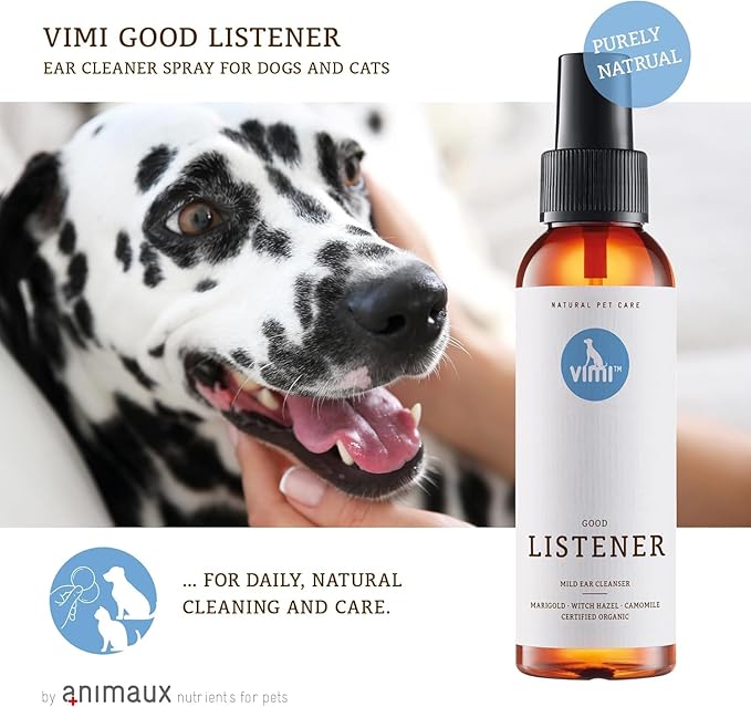 animaux vimi Ear Cleaner Good Listener - Ear Cleaner Spray for Sensitive Dog Ears - Ear Care with Camomile, Calendula & Witch Hazel - for Thorough & mild Cleaning - 3.38 Fl Oz-PawvioPets
