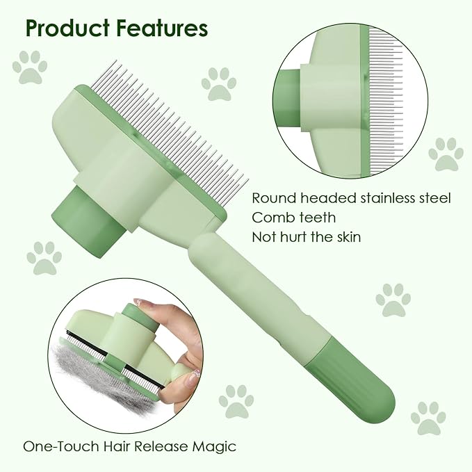 Flea Comb for Cat Hair Removal Comb, 2025 New Self-Cleaning Flea Brush for Cats and Dog, Comfort Cat Hair Removal Tool with Long & Short Stainless Steel Metal Grooming Brush(Green)-PawvioPets