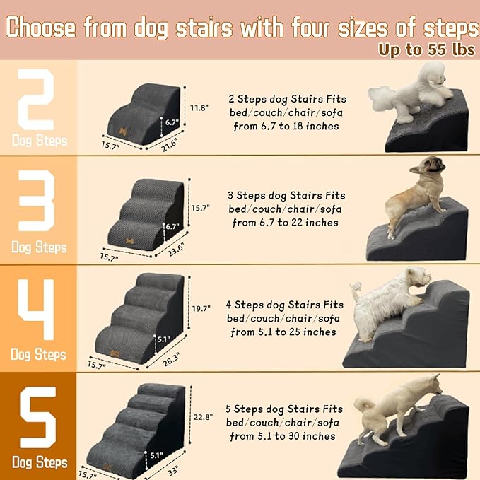 3-Step Dog Stairs for High Beds & Couches Multi-Step Non-Slip Pet Steps with Balanced Ramp Indoor 2 3 4 5 Step Stairs for Small to Large Dogs and Cats Non-Slip Stickers 30D Grey-PawvioPets