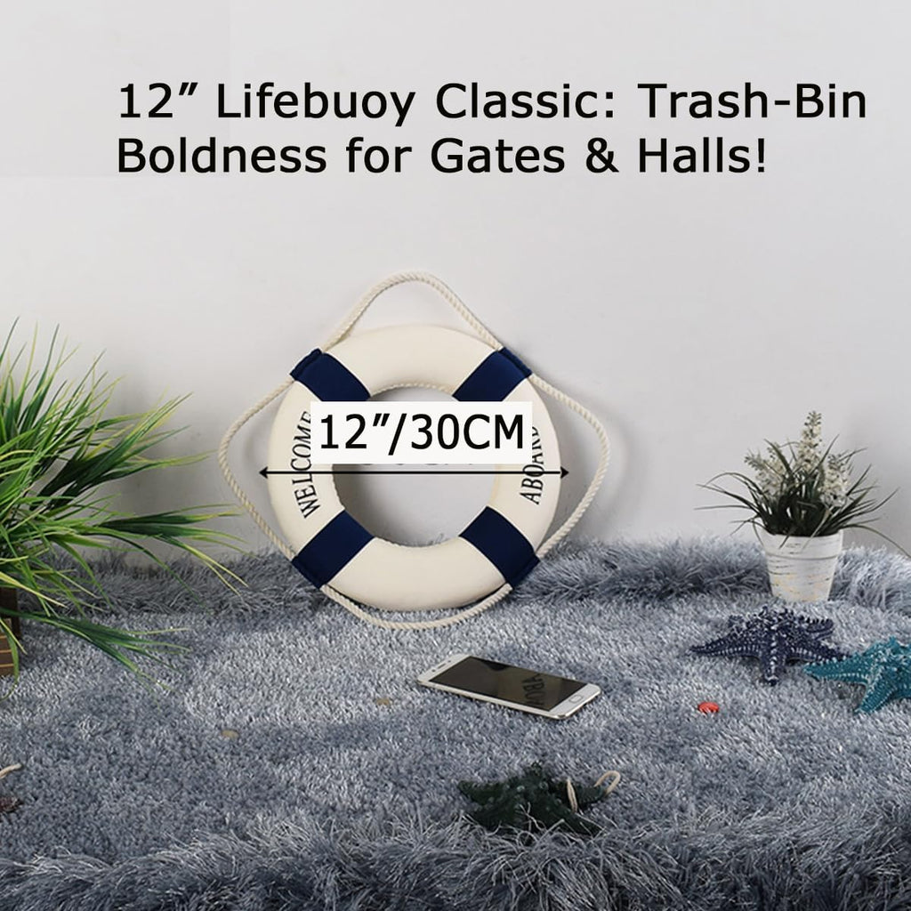 MorroMorn Lifebuoy Wall Hanging Decor - Welcome Aboard Mediterranean Style Home Decoration (Navy, 12")