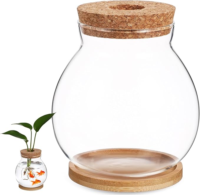 Desktop Fish Bowl Clear Glass Small Betta Fish Tank with Wood Lid and Bamboo Stand Table Hydroponic Plants Terrarium for Home Office Decoration 13 * 14cm-PawvioPets