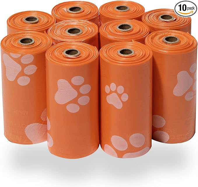 Best Pet Supplies Dog Poop Bags (150 Bags) for Waste Refuse Cleanup, Doggy Roll Replacements for Outdoor Puppy Walking and Travel, Leak Proof and Tear Resistant, Thick Plastic - Orange-PawvioPets