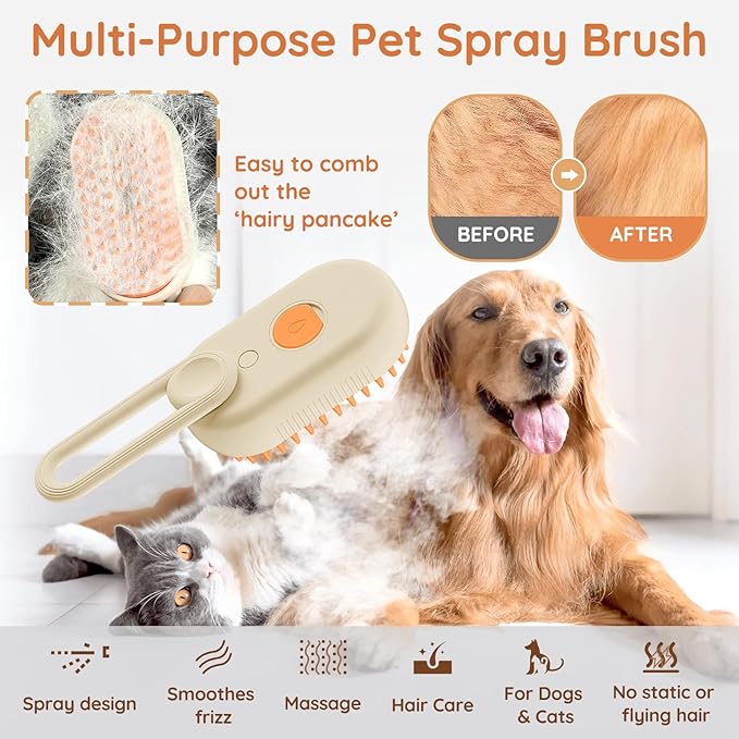 GKZ Cat Steam Brush, 3 in 1 Pet Comb for Massage, Cleaning, Shedding and Combing, Electric Mist to Prevent Flyaways for Home, Dogs and Cat Lovers - Khaki-PawvioPets