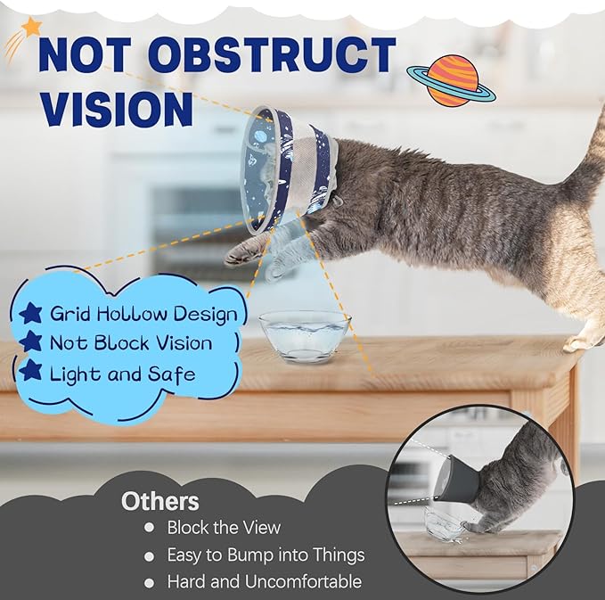 Breathable Air Mesh Cat Cone Collar Soft - Adjustable Recovery Collar to Stop Licking After Surgery, Foldable Lightweight E-Collar for Cats & Kittens (Sky Star, S)-PawvioPets