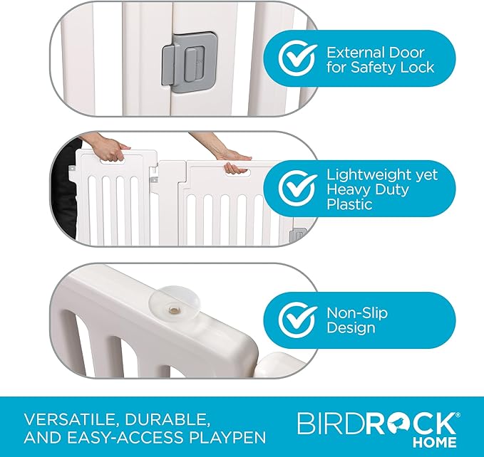 BIRDROCK HOME Dog Playpen w/Door, 8 Panel, 25.6in H | Strong Plastic, Non-Slip Puppy Playpen, Secure Pet Gate | Indoor Outdoor Fence | Configurable Panels | Small Pets - White-PawvioPets