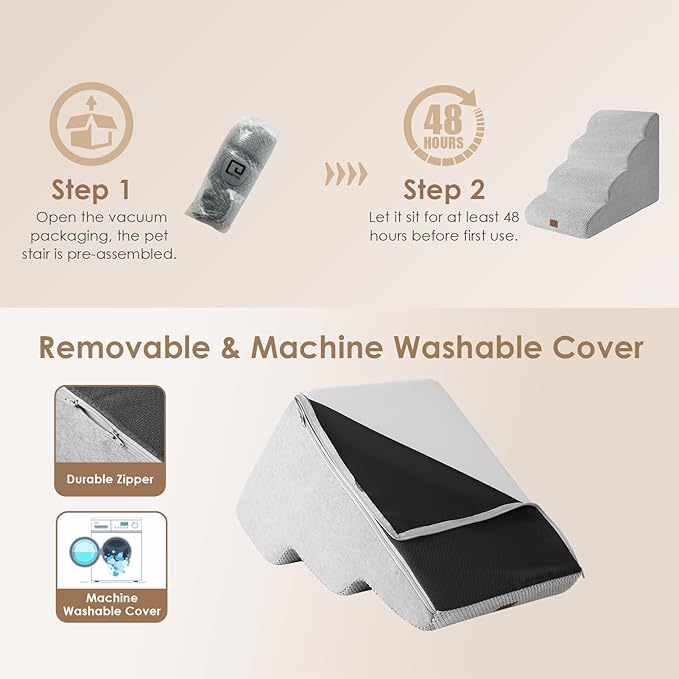 EHEYCIGA Curved Dog Stairs Ramp for High Beds 19.7" H, 4-Step Dog Steps for Small Dogs and Cats, Pet Stairs for High Bed Climbing, Non-Slip Balanced Pet Step Indoor, Light Grey-PawvioPets