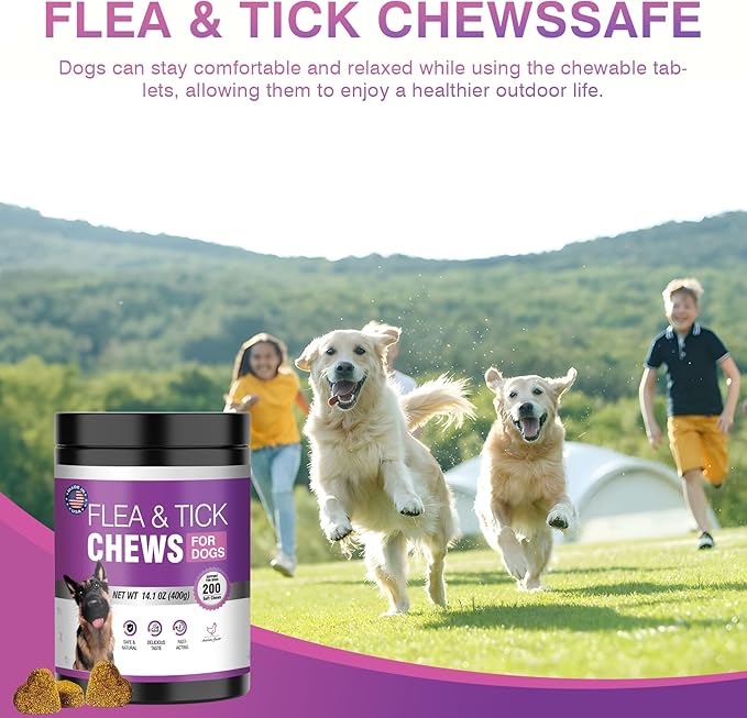 Dog Flea and Tick Treatment Chewable 200 Treatment Chews Natural Soft Chew Fleas Ticks Treatment Dog Oral Chewables Support Supplement Pest Defense Breeds and Ages Dogs Chicken Flavor-PawvioPets