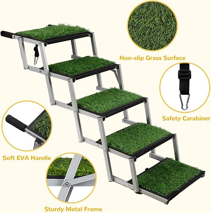 Dog Stairs for Car, Portable Folding Dog Ramps,Dog Steps for Large Dogs with Non-Slip Grass Rug for Cars, SUV, Trucks, Lightweight Pet Ramp Supports Up to 200 lb, 5 Steps-PawvioPets