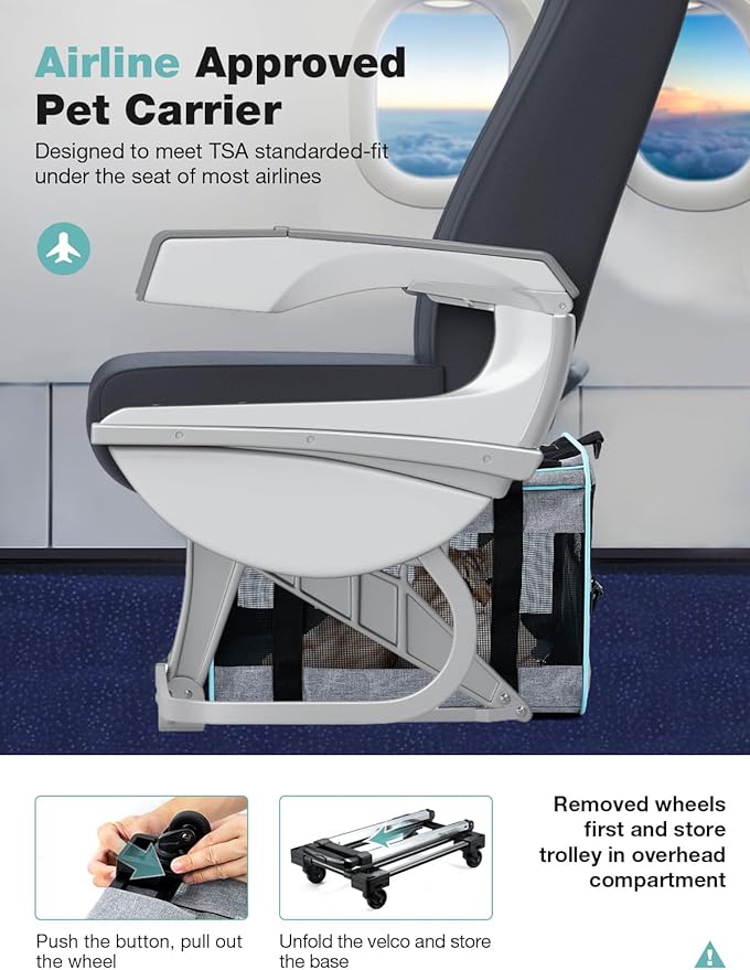 Dog Cat Carrier with Wheels, Airline Approved Pet Carrier for Cats Dogs 15lbs 20 lbs with Double-Sided Mat, Safety Leash and Shoulder Strap, Grey-PawvioPets
