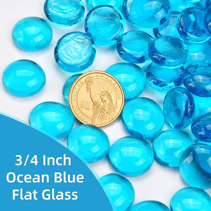 1LB Ocean Blue Flat Glass Marbles for Vases, Gemstone Beads Vase Filler Decorative Glass Pebbles for Fish Tank, DIY Crafts, Aquarium Decor Rocks-PawvioPets