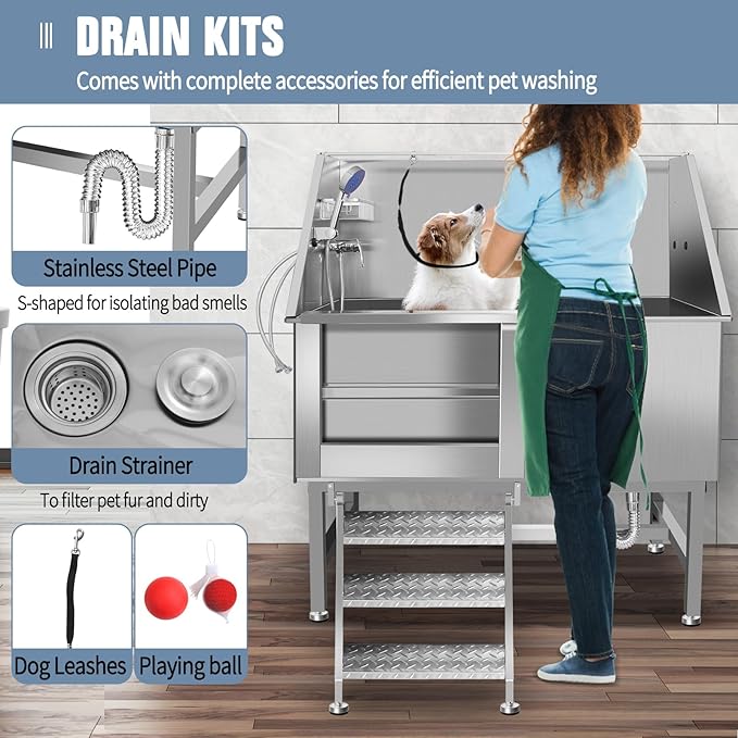 Dog Washing Station 38'' Stainless Steel Pet Grooming Tub for Large Dogs Over-Size Professional Dog Grooming Bathtub Station Wash Shower Sink Pet Grooming Bathtub Station-PawvioPets