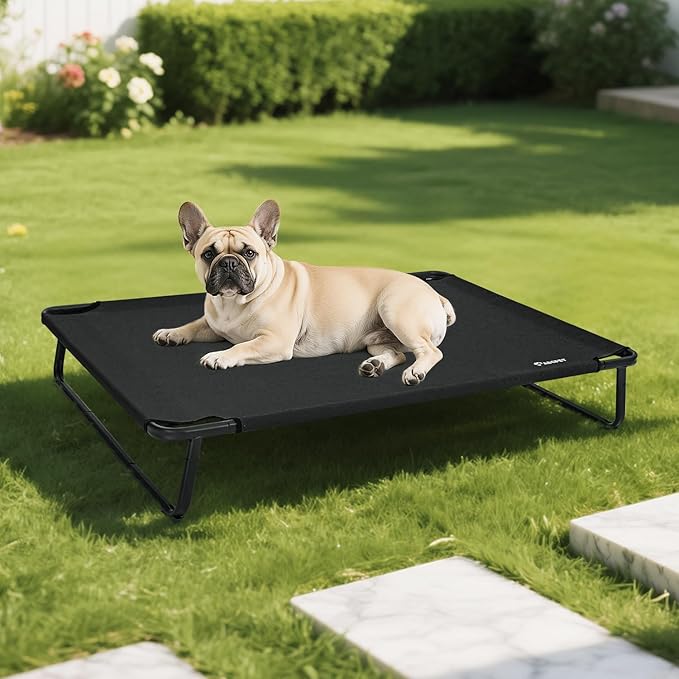 Cooling Elevated Dog Bed, Raised Outdoor Dog Bed Waterproof Pet Beds Cots Stable and Easy Assembly, Teslin Fabric with 1.2mm Thick Iron Frame, Breathable, Ultra-Sturdy，Black,32 * 25.2 * 7.1-PawvioPets