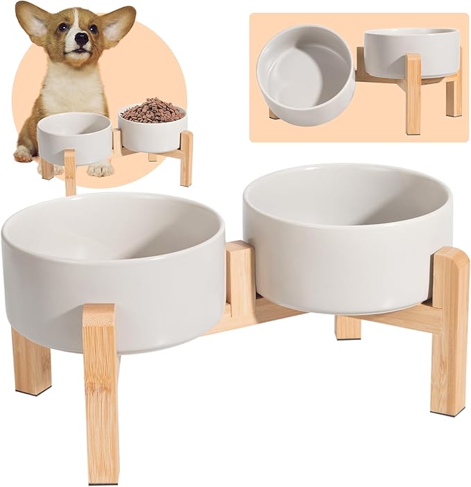 Elevated Ceramic Dog Bowl Set - Raised Dog Bowls with Non-Slip Bamboo Stand - Dog Food and Water Bowl Set - Double Dog Feeding Bowls - Suitable for Small and Medium Dogs - 28.74 OZ - 3.6 CUPS - 850 ML-PawvioPets