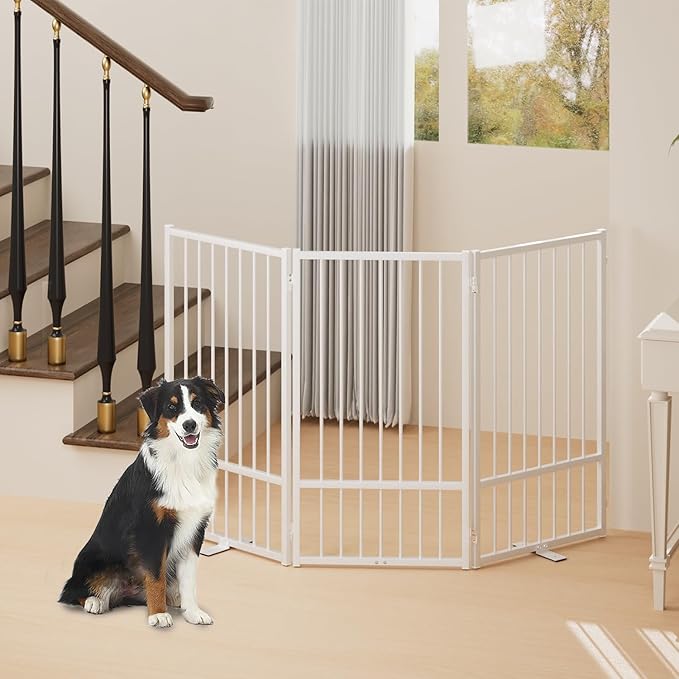 Full Metal Freestanding Dog Gate with Door, 36''Height Foldable Pet Dog Fence for Indoor & Outdoor, 3 Panels Extra Wide Free Standing TallDog Gates for Doorways,House,Stairs,Porch,Deck,Yard-PawvioPets