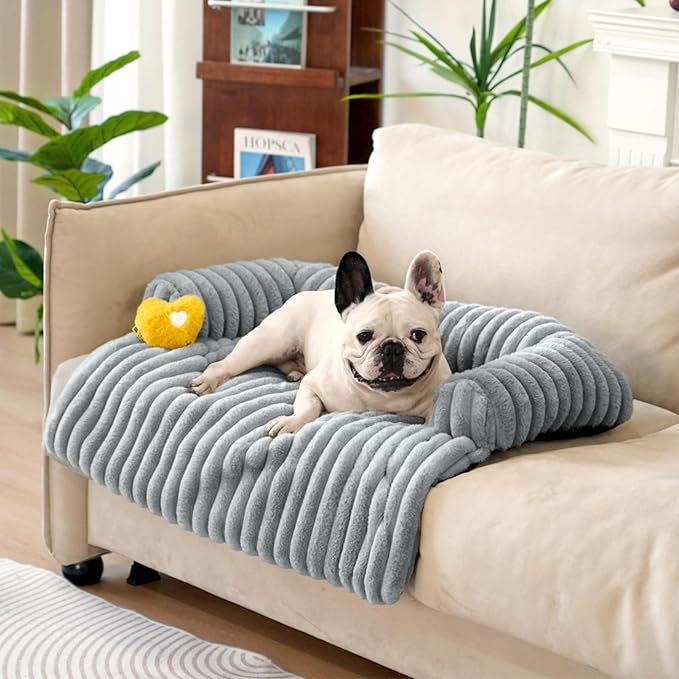 FUNNY FUZZY Pet Couch Cover for Sofa, Calming Dog Bed for Couch, Fluffy Plush Dog Couch Mat for Furniture Protector for Medium Dogs and Cats, 33×28 in, Mist Grey-PawvioPets