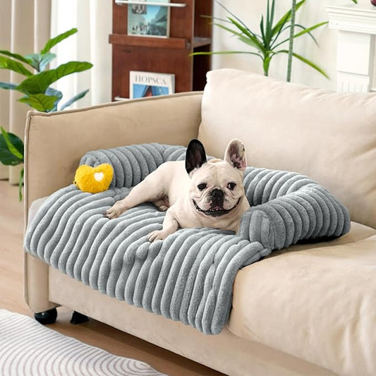 FUNNY FUZZY Pet Couch Cover for Sofa, Calming Dog Bed for Couch, Fluffy Plush Dog Couch Mat for Furniture Protector for Medium Dogs and Cats, 33×28 in, Mist Grey-PawvioPets