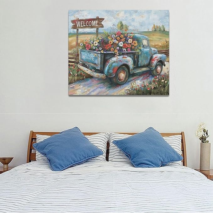 Farmhouse Truck Wall Art Rustic Country Wildflowers Wall Decor Road Flowers Landscape Pictures Canvas Print Painting Artwork for Bathroom Living Room Bedroom 20"x24"-PawvioPets