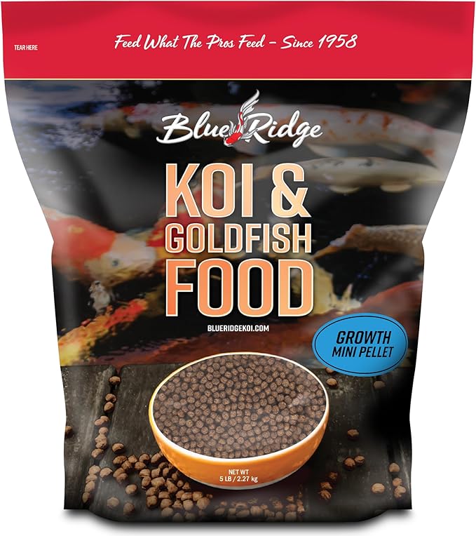 Blue Ridge Koi Fish Food 5lb - Koi Food Mini Growth Formula, Goldfish Food, Premium Fish Food for Ponds, Ponds Fish Food, Floating Pond Pellets-PawvioPets