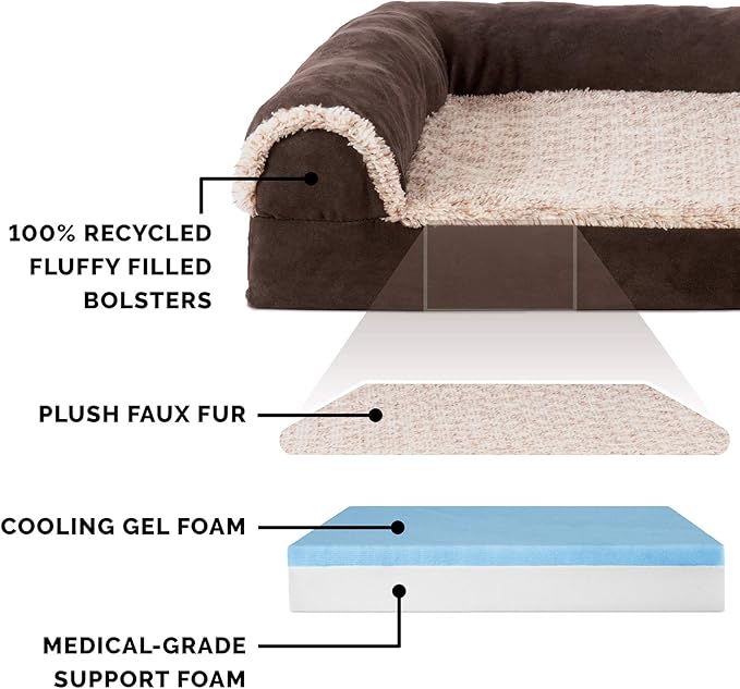 Furhaven Cooling Gel Dog Bed for Large/Medium Dogs w/ Removable Bolsters & Washable Cover, For Dogs Up to 55 lbs - Two-Tone Plush Faux Fur & Suede L Shaped Chaise - Espresso, Large-PawvioPets