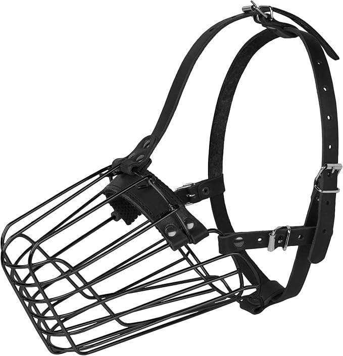 German Shepherd Dog Muzzle Metal Basket for Medium Large Dogs Adjustable Durable Leather Straps Secure Wire Mask for Biting Chewing Barking (Black, L - Size)-PawvioPets