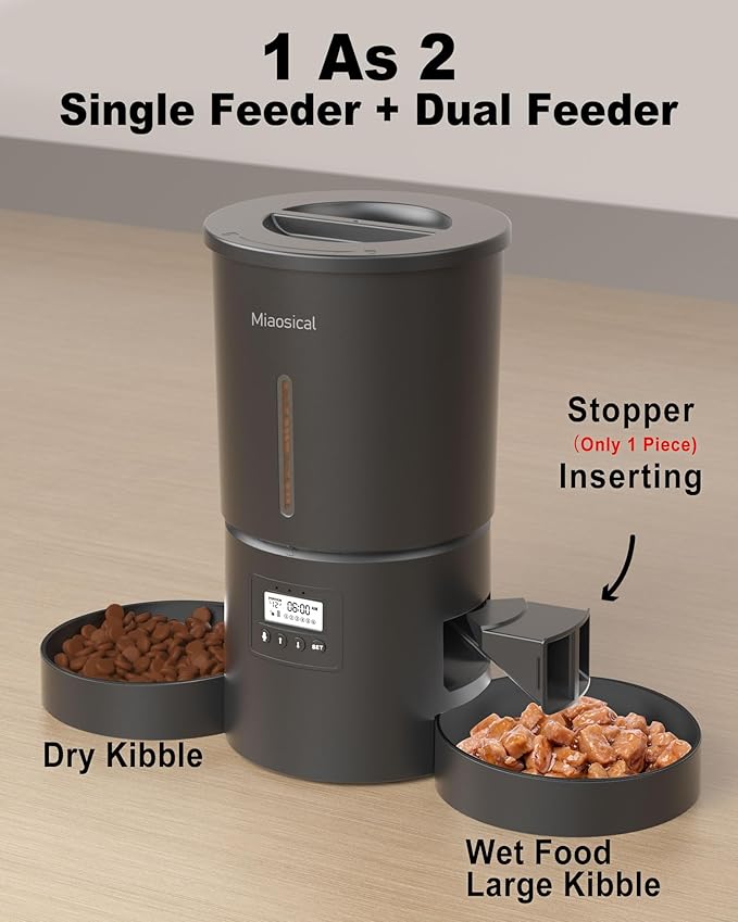 Dual Automatic Cat Feeder 2 Cats,6 Meals/Day,12 Portions/Meal,4.2L Dual Power Double Bowls Feeder,Dry Food Auto Pet Dispenser,10S Voice Record,Flexible Schedule Timer (Black,Basic Dual Bowls)-PawvioPets