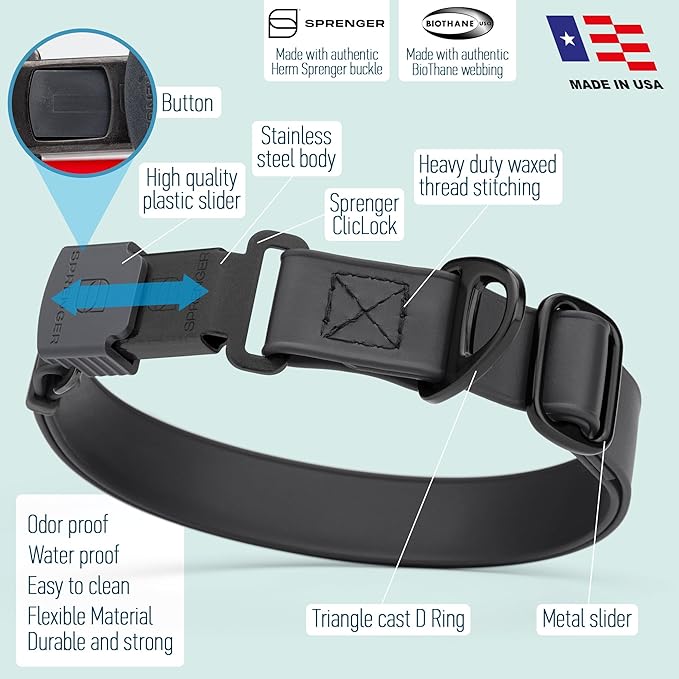 Dogline Biothane Waterproof Dog Collar with Herm Sprenger Black Stainless Steel Quick Release Buckle – Heavy Duty Tactical Durable Collar for Dogs – Comfortable and Safe Pet Collar W3/4" L12-19 Black-PawvioPets