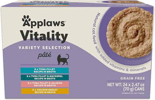 Applaws Vitality Wet Cat Food Paté, Natural Canned Cat Food, Wet Food for Cats with Added Vitamins and Minerals, Grain Free, Carrageenan Free, Variety Selection Paté (24 Count, 2.47 oz Cans)-PawvioPets