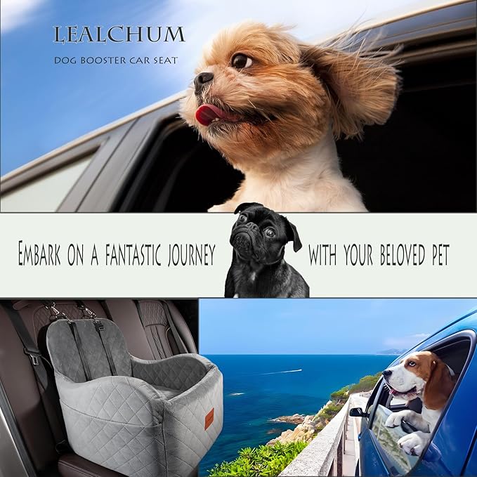 Dog Booster Car Seat for Small/Medium Dogs Up to 35lbs,Ultra Soft Fabric Covered,6in Elevated Cushion,Fully Detachable and Washable,3 Straps & 2 Pockets,Easy to Install(Grey,Medium)-PawvioPets