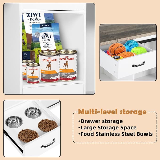 Extra Large Dog Crate Furniture, 85" Sliding Door Double Kennel for 2 Large Dogs Divided, Heavy Duty Wooden Dog Crate Kennel Furniture with 4 Dog Bowls and Drawer Indoor, White-PawvioPets