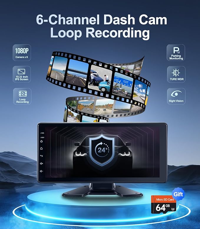 6-Channel Dash Cam 1080P Backup Camera System with 10.33 Inch Touch Parking Monitor,DVR Recording Back Up Camera for RV/Truck/Trailer/Van/SUV/Cars,Wireless Carplay/Android Auto/WiFi/Bluetooth/FM Radio-PawvioPets