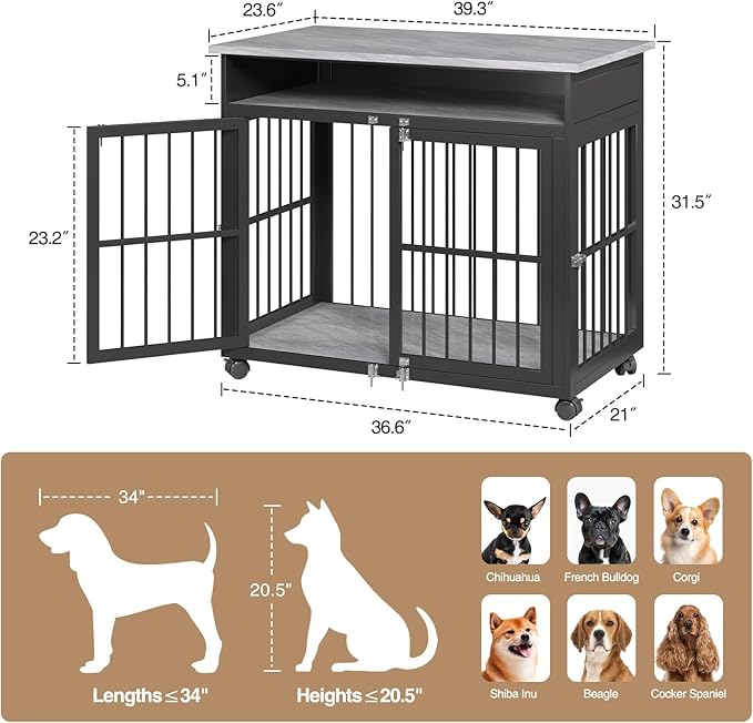 39.4" Dog Crate Furniture for Medium and Large Breed, Dog Kennel Furniture with Storage Shelf & Lockable Wheels, Heavy Duty Wooden End Side Table Pet Cage Indoor, Chew-Resistant, Grey-PawvioPets