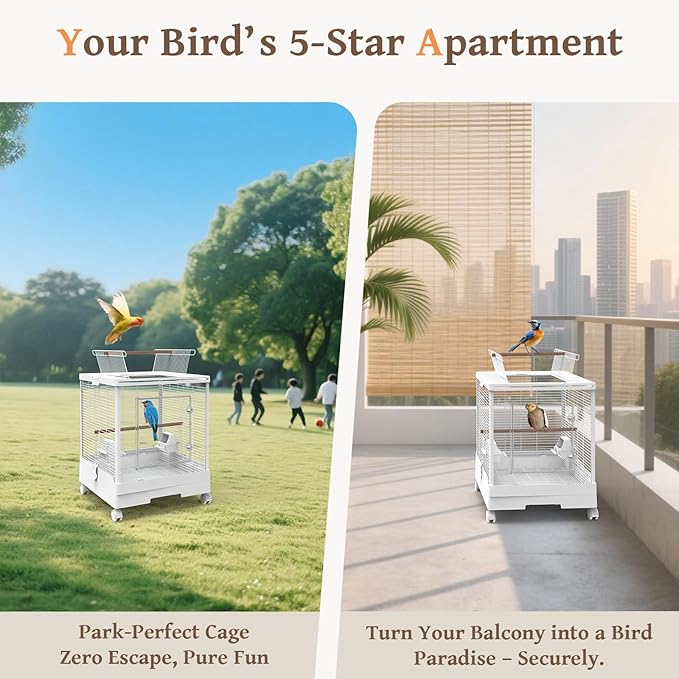 Clear View Bird Cage with Play Top, Modern Rolling Flight Cage for Parakeets, Cockatiels, Conures, Lovebirds, White Parrot Cage with 0.4" Bar Spacing, Slide-Out Tray & Accessories-PawvioPets