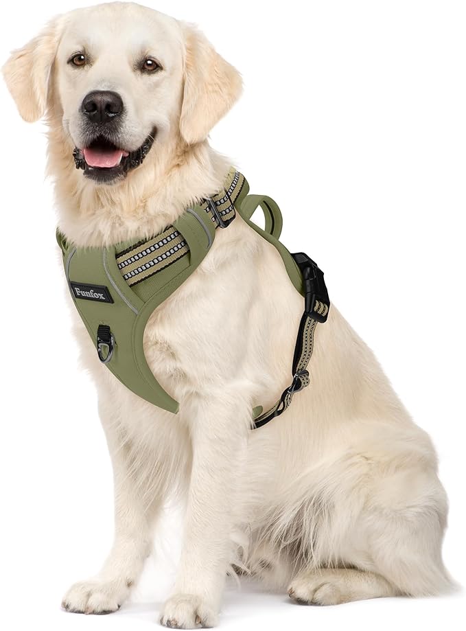 Funfox Dog Harness No Pull, Adjustable Pet Vest Harness, Super Soft Material with Vertical Handle Easy Control, Reflective Night Walking, 2 Leash Clips for XLarge Dogs, Army Green, XL-PawvioPets