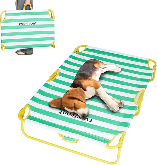 Dog Elevated Bed Foldable Portable Raised Bed Camping cot Outdoor Summer Dog Bed (Medium, GreenStripes-Oxford Fabric)-PawvioPets