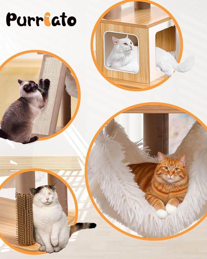 61" Wooden Cat Tree Tower for Indoor Cats, Luxury Modern Wooden Tower with XL Plush Lounge, Hammock & Scratching Posts for Maine Coon 20 lbs-PawvioPets